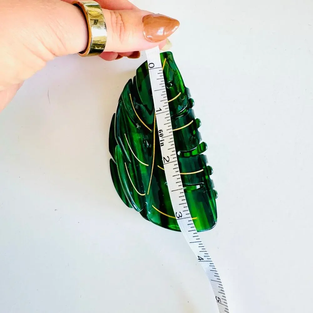 NEW ANTHROPOLOGIE Dark Green Gold Palm Monstera Leaf Plastic Hair Claw Clip
